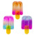 An assortment of 3 different colors of Nice-Sicle popsicle-shaped sensory squish toys in different color gradients.  One is Orange at the top, one is Blue at the top, one is Pink-Purple at the top.