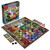 checker like pieces across a grid of different landscapes  and a deck of cards, mid game  and the game box cover