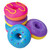 A stack of multi colored ring-donut shaped NeeDoh toys