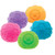 An assortment of 5 NeeDoh Fuzz Ball Flower Power toys in orange, blue, green, pink, and purple.  They each have a different pattern on them (smiley face or flowers)