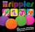 A row of 4 Super NeeDoh Ripples in purple, orange, green, and pink with either swirl or ripple textures.  In the background, four hands squeeze four of the toys.  Above, a brand logo.  Below, a tagline that says The ripply-swirly, wavy-wurly, curvy-curly, groovy glob!