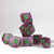 purple dice with green numbers