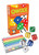 Front of Qwixx box with game box contents, colorful dice and score pad