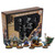 Critical Role: Vox Machina  the front of the packaging,  a brown box with a clear window to see miniatures, unpainted, with sample color scheme of miniatures pieces  