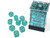 Borealis Luminary Teal/Gold Six-Sided Dice—Several next to the plastic packaging