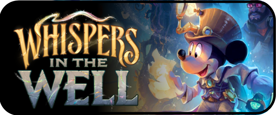 Key art for Lorcana's Whispers in the Well set, featuring Mickey Mouse