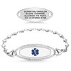 The image displays two silver medical alert items on a white background. The first is an oval-shaped ID tag engraved with "DIABETES/INSULIN, BLOOD THINNER, ALLERGIC TO NUTS, ICE (619)866-4768" in black uppercase text. The second is a medical alert bracelet featuring a central oval plate with a blue "Star of Life" symbol on a white enamel background, surrounded by a decorative silver border. The bracelet's chain is made of polished silver heart-shaped links, connected by small jump rings, with lobster claw clasps on each side of the plate. Both items are designed to provide critical medical information in emergencies.