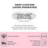 The image showcases a promotional graphic for custom laser-engraved medical ID tags. At the top, the title "DEEP CUSTOM LASER ENGRAVED" is displayed in bold black text. Below it, a silver oval medical ID tag is engraved with "DIABETES/INSULIN, BLOOD THINNER, ALLERGIC TO NUTS, ICE (619)866-4768" in black text, emphasizing high contrast for legibility. A description beneath the tag highlights the clarity of the brushed plate and black lettering. The bottom section, set against a light pink background, features two columns with icons and text. The left column highlights "TOUGH & DURABLE" with a flexing arm icon and "CUSTOM MEDICAL IDS SAVE LIVES" with an ambulance icon. The right column emphasizes "ELEGANT & STYLISH" with a bow tie icon and "FREE ENGRAVING IN THE USA QUICK 1-DAY PROCESSING" with a laser engraving icon. The design is clean and professional, focusing on the product's durability, style, and life-saving potential.