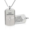 A silver medical alert dog tag necklace displayed on a white background. The front tag is polished and engraved with the name "SAM JOHNSON" above an embossed caduceus symbol. A second tag in the background, partially visible and inverted, contains engraved medical information: "TYPE II DIABETIC," "GASTRIC BYPASS," "NO KNOWN ALLERGIES," and "ICE 619-866-4768." A thin silver snake chain connects to the front tag, emphasizing the necklace's functionality and design.
