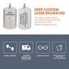 A promotional image for custom laser-engraved medical ID dog tags. The left tag shows "SAM JOHNSON" engraved above a caduceus symbol, while the right tag lists medical details: "TYPE II DIABETIC," "GASTRIC BYPASS," "NO KNOWN ALLERGIES," and "ICE 619-866-4768." The top right text highlights "DEEP CUSTOM LASER ENGRAVED" and the readability of the engraving. The bottom section, set against a dark gray background, features icons and text promoting durability, life-saving potential, stylish design, and fast processing.