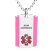 The image showcases a silver dog tag-style medical alert pendant hanging from a silver ball chain. The pendant features a white center panel with two vertical pink stripes on the left and right edges. At the top of the white panel, the name "SAM JOHNSON" is engraved in dark, uppercase letters. Below the name is a red Star of Life symbol with a textured finish, including a staff of Asclepius in the center. The pendant is connected to the chain via a silver bail and is displayed against a plain white background, highlighting its design and details. The image showcases a silver dog tag-style medical alert pendant hanging from a silver ball chain. The pendant features a white center panel with two vertical pink stripes on the left and right edges. At the top of the white panel, the name "SAM JOHNSON" is engraved in dark, uppercase letters. Below the name is a red Star of Life symbol with a textured finish, including a staff of Asclepius in the center. The pendant is connected to the chain via a silver bail and is displayed against a plain white background, highlighting its design and details.