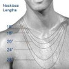 The image features a male torso against a dark background, showcasing necklace length options. Five curved lines are overlaid on the chest, each labeled with a specific length: "16"", "18"", "20"", "24"", and "28"". The shortest line, "16"", sits near the collarbone, while the longest, "28"", reaches the lower chest. The labels are in blue text and aligned vertically on the left side. The title "Necklace Lengths" is displayed in the upper left corner. The man's skin is light-toned, with faint water droplets visible on his shoulder, adding a dynamic touch to the visual. The image serves as a guide to illustrate how different necklace lengths appear when worn. The image features a male torso against a dark background, showcasing necklace length options. Five curved lines are overlaid on the chest, each labeled with a specific length: "16"", "18"", "20"", "24"", and "28"". The shortest line, "16"", sits near the collarbone, while the longest, "28"", reaches the lower chest. The labels are in blue text and aligned vertically on the left side. The title "Necklace Lengths" is displayed in the upper left corner. The man's skin is light-toned, with faint water droplets visible on his shoulder, adding a dynamic touch to the visual. The image serves as a guide to illustrate how different necklace lengths appear when worn.