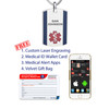 The image showcases a promotional display for a medical ID package. At the top center is a silver dog tag with "SAM JOHNSON" engraved in black text and a red Star of Life symbol on a blue vertical stripe. A red "FREE" stamp is angled on the left. Below the dog tag is a numbered list highlighting included items: "1. Custom Laser Engraving," "2. Medical ID Wallet Card," "3. Medical Alert Apps," and "4. Velvet Gift Bag." On the left, a white Medical ID Wallet Card features blank fields for personal and emergency contact details, with "www.DivotiUSA.com" and "Emergency Medical Info" at the top. On the right, a gold smartphone displays a Medical Alert App with detailed health information, including allergies, blood type, and emergency contacts. The layout emphasizes the comprehensive features of the medical ID system, combining physical and digital tools for emergency preparedness. The image showcases a promotional display for a medical ID package. At the top center is a silver dog tag with "SAM JOHNSON" engraved in black text and a red Star of Life symbol on a blue vertical stripe. A red "FREE" stamp is angled on the left. Below the dog tag is a numbered list highlighting included items: "1. Custom Laser Engraving," "2. Medical ID Wallet Card," "3. Medical Alert Apps," and "4. Velvet Gift Bag." On the left, a white Medical ID Wallet Card features blank fields for personal and emergency contact details, with "www.DivotiUSA.com" and "Emergency Medical Info" at the top. On the right, a gold smartphone displays a Medical Alert App with detailed health information, including allergies, blood type, and emergency contacts. The layout emphasizes the comprehensive features of the medical ID system, combining physical and digital tools for emergency preparedness.