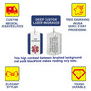The image showcases an advertisement for custom medical ID tags. At the center are two rectangular silver tags: the left tag features "SAM JOHNSON" engraved in black text with dark blue vertical stripes and a red Star of Life symbol, while the right tag lists detailed medical information, including "TYPE II DIABETIC" and an emergency contact number. Surrounding the tags are text and icons highlighting features: "DEEP CUSTOM LASER ENGRAVED" at the top, "CUSTOM MEDICAL ID SAVES LIVES" with an ambulance icon, "FREE ENGRAVING IN USA QUICK 2-DAY PROCESSING" with a laser icon, "ELEGANT STYLISH" with a bow tie icon, and "TOUGH DURABLE" with a superhero icon. The design emphasizes readability, durability, and style, with a clean layout and vibrant colors like red, blue, and yellow. The image showcases an advertisement for custom medical ID tags. At the center are two rectangular silver tags: the left tag features "SAM JOHNSON" engraved in black text with dark blue vertical stripes and a red Star of Life symbol, while the right tag lists detailed medical information, including "TYPE II DIABETIC" and an emergency contact number. Surrounding the tags are text and icons highlighting features: "DEEP CUSTOM LASER ENGRAVED" at the top, "CUSTOM MEDICAL ID SAVES LIVES" with an ambulance icon, "FREE ENGRAVING IN USA QUICK 2-DAY PROCESSING" with a laser icon, "ELEGANT STYLISH" with a bow tie icon, and "TOUGH DURABLE" with a superhero icon. The design emphasizes readability, durability, and style, with a clean layout and vibrant colors like red, blue, and yellow.