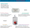 The image is an infographic titled "What should you engrave on your new Medical ID Necklace?" with "Medical ID Necklace" highlighted in red. It features two silver dog tag-style pendants: the top pendant shows the back with "HEART PATIENT, ALLERGIC TO NUTS, ON WARFARIN" engraved, while the bottom pendant shows the front with "SAM JOHNSON, WIFE 863-776-2550" engraved above a red Star of Life symbol. The infographic provides guidance on engraving five key details: medical conditions, food/drug allergies, life-saving medications, the wearer’s name, and emergency contact numbers. Each section is color-coded (e.g., teal for medical conditions, pink for allergies) and connected to the relevant part of the pendants with blue lines. The layout is clean and educational, emphasizing the importance of including critical health and contact information for emergencies. The image is an infographic titled "What should you engrave on your new Medical ID Necklace?" with "Medical ID Necklace" highlighted in red. It features two silver dog tag-style pendants: the top pendant shows the back with "HEART PATIENT, ALLERGIC TO NUTS, ON WARFARIN" engraved, while the bottom pendant shows the front with "SAM JOHNSON, WIFE 863-776-2550" engraved above a red Star of Life symbol. The infographic provides guidance on engraving five key details: medical conditions, food/drug allergies, life-saving medications, the wearer’s name, and emergency contact numbers. Each section is color-coded (e.g., teal for medical conditions, pink for allergies) and connected to the relevant part of the pendants with blue lines. The layout is clean and educational, emphasizing the importance of including critical health and contact information for emergencies.