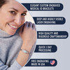 The image is a promotional graphic for custom engraved medical ID bracelets. On the left, a smiling woman with dark brown hair wears a silver medical ID bracelet featuring an oval charm with a light blue medical alert symbol and intricate detailing. She rests her hand near her chin, dressed in a light grey sweater, with a blurred outdoor background. On the right, five dark blue panels with white text highlight product features: "Elegant Custom Engraved Medical ID Bracelets," "Deep and Highly Visible Laser Engraving," "High Quality and Rigorous Craftsmanship," "Quick 1-Day Processing," and "Free Engraving Made in USA." A heart-shaped American flag icon accompanies the "Made in USA" text. The clean layout and soft lighting emphasize the bracelet's blend of style and functionality. The image is a promotional graphic for custom engraved medical ID bracelets. On the left, a smiling woman with dark brown hair wears a silver medical ID bracelet featuring an oval charm with a light blue medical alert symbol and intricate detailing. She rests her hand near her chin, dressed in a light grey sweater, with a blurred outdoor background. On the right, five dark blue panels with white text highlight product features: "Elegant Custom Engraved Medical ID Bracelets," "Deep and Highly Visible Laser Engraving," "High Quality and Rigorous Craftsmanship," "Quick 1-Day Processing," and "Free Engraving Made in USA." A heart-shaped American flag icon accompanies the "Made in USA" text. The clean layout and soft lighting emphasize the bracelet's blend of style and functionality.