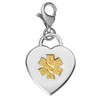 A close-up of a heart-shaped medical alert charm with a polished silver finish. The charm features a gold, textured "Star of Life" symbol in the center, with a raised Rod of Asclepius (a serpent entwined around a staff) in the middle. The charm is attached to a silver lobster clasp via a small, rounded jump ring, making it easy to attach to a bracelet or necklace. The background is plain white, emphasizing the charm's reflective silver and gold tones. A close-up of a heart-shaped medical alert charm with a polished silver finish. The charm features a gold, textured "Star of Life" symbol in the center, with a raised Rod of Asclepius (a serpent entwined around a staff) in the middle. The charm is attached to a silver lobster clasp via a small, rounded jump ring, making it easy to attach to a bracelet or necklace. The background is plain white, emphasizing the charm's reflective silver and gold tones.