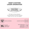 A promotional image for a custom laser-engraved medical ID tag. The top section features the text "DEEP CUSTOM LASER ENGRAVED" above a silver, oval-shaped medical ID tag with black engraved text reading: "DIABETES/INSULIN, BLOOD THINNER, ALLERGIC TO NUTS, ICE: (619)866-4768." Below the tag, a caption highlights the high contrast and legibility of the engraving. The bottom section, set against a light pink background, showcases four features with icons: "TOUGH & DURABLE," "CUSTOM MEDICAL IDS SAVE LIVES," "ELEGANT & STYLISH," and "FREE ENGRAVING IN THE USA QUICK 1-DAY PROCESSING." The layout emphasizes the product's functionality, durability, and style.