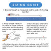 A sizing guide for a medical alert bracelet with four steps. The title "SIZING GUIDE" is displayed in a blue banner at the top. Step 1 shows a silver medical alert bracelet with "PENICILLIN ALLERGY" engraved, laid flat on a blue ruler marked in inches (0-7). Step 2 illustrates a hand with a yellow measuring tape wrapped around the wrist, demonstrating how to measure wrist size. Step 3 shows a white ruler with a red mark at 6.75 inches, indicating where to measure the wrist size. Step 4 explains adding a 0.5"-0.75" comfort gap to determine bracelet size, with a note that thicker chains may require a larger gap. The layout is clean and instructional, with clear visuals and text for each step. A sizing guide for a medical alert bracelet with four steps. The title "SIZING GUIDE" is displayed in a blue banner at the top. Step 1 shows a silver medical alert bracelet with "PENICILLIN ALLERGY" engraved, laid flat on a blue ruler marked in inches (0-7). Step 2 illustrates a hand with a yellow measuring tape wrapped around the wrist, demonstrating how to measure wrist size. Step 3 shows a white ruler with a red mark at 6.75 inches, indicating where to measure the wrist size. Step 4 explains adding a 0.5"-0.75" comfort gap to determine bracelet size, with a note that thicker chains may require a larger gap. The layout is clean and instructional, with clear visuals and text for each step.