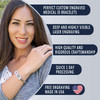 A promotional image for custom engraved medical ID bracelets. On the left, a smiling woman with dark hair wears a silver medical alert bracelet on her left wrist, featuring a red medical cross symbol and engraved text: 'JENNIFER ANDERSON,' 'DEFIBRILLATOR,' 'PACEMAKER,' and 'SEE REVERSE SIDE.' The right side of the image displays five dark blue banners with white text highlighting features: 'PERFECT CUSTOM ENGRAVED MEDICAL ID BRACELETS,' 'DEEP AND HIGHLY VISIBLE LASER ENGRAVING,' 'HIGH QUALITY AND RIGOROUS CRAFTSMANSHIP,' 'QUICK 1-DAY PROCESSING,' and 'FREE ENGRAVING MADE IN USA,' accompanied by a heart-shaped American flag icon. The background transitions from outdoor greenery on the left to a light gray on the right. A promotional image for custom engraved medical ID bracelets. On the left, a smiling woman with dark hair wears a silver medical alert bracelet on her left wrist, featuring a red medical cross symbol and engraved text: 'JENNIFER ANDERSON,' 'DEFIBRILLATOR,' 'PACEMAKER,' and 'SEE REVERSE SIDE.' The right side of the image displays five dark blue banners with white text highlighting features: 'PERFECT CUSTOM ENGRAVED MEDICAL ID BRACELETS,' 'DEEP AND HIGHLY VISIBLE LASER ENGRAVING,' 'HIGH QUALITY AND RIGOROUS CRAFTSMANSHIP,' 'QUICK 1-DAY PROCESSING,' and 'FREE ENGRAVING MADE IN USA,' accompanied by a heart-shaped American flag icon. The background transitions from outdoor greenery on the left to a light gray on the right.