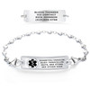 A silver medical alert bracelet displayed on a white background, showing both the front and back sides. The front features a heart-link chain and a central rectangular plate with a black Rod of Asclepius symbol, engraved with 'DIABETES/INSULIN,' 'ALGY: PENICILLIN,' 'NUTS, BEE STING,' and 'SEE OTHER SIDE.' The back side is a rectangular tag engraved with 'BLOOD THINNER,' 'ICE CONTACT,' 'RICK JOHNSON,' and '(619) 866-4768.' The bracelet is polished and designed to provide critical health and emergency contact information. A silver medical alert bracelet displayed on a white background, showing both the front and back sides. The front features a heart-link chain and a central rectangular plate with a black Rod of Asclepius symbol, engraved with 'DIABETES/INSULIN,' 'ALGY: PENICILLIN,' 'NUTS, BEE STING,' and 'SEE OTHER SIDE.' The back side is a rectangular tag engraved with 'BLOOD THINNER,' 'ICE CONTACT,' 'RICK JOHNSON,' and '(619) 866-4768.' The bracelet is polished and designed to provide critical health and emergency contact information.