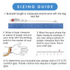 A sizing guide for a medical alert bracelet with four steps. The title "SIZING GUIDE" is displayed in a blue banner at the top. Step 1 shows a silver medical alert bracelet with "PENICILLIN ALLERGY" engraved, laid flat on a blue ruler marked in inches (0-7). Step 2 illustrates a hand with a yellow measuring tape wrapped around the wrist, demonstrating how to measure wrist size. Step 3 shows a white ruler with a red mark at 6.75 inches, indicating where to measure the wrist size. Step 4 explains adding a 0.5"-0.75" comfort gap to determine bracelet size, with a note that thicker chains may require a larger gap. The layout is clean and instructional, with clear visuals and text for each step.