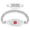 Image of a silver medical alert bracelet displayed on a white background. The bracelet features a thick, intricate Byzantine-style chain and a central oval ID plate with a red Star of Life symbol, flanked by decorative silver wings and cloud-like patterns. Above the bracelet, a separate ID plate is shown flipped to reveal engraved medical information: 'DIABETES/INSULIN, BLOOD THINNER, ALLERGIC TO NUTS, ICE:(619)866-4768.' The design emphasizes both functionality and aesthetic appeal.