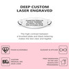 Promotional image for custom laser-engraved medical ID tags. The top section features bold text reading 'DEEP CUSTOM LASER ENGRAVED' above a silver oval medical ID tag engraved with 'DIABETES/INSULIN, BLOOD THINNER, ALLERGIC TO NUTS, ICE:(619)866-4768.' Below, a caption highlights the high contrast for legibility. The bottom section, set against a pink background, showcases features with icons: 'TOUGH & DURABLE,' 'CUSTOM MEDICAL IDS SAVE LIVES,' 'ELEGANT & STYLISH,' and 'FREE ENGRAVING IN THE USA QUICK 1-DAY PROCESSING.' The design emphasizes clarity, durability, and style.