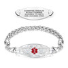 Image of a silver-toned medical alert bracelet and a separate engraved ID tag displayed on a white background. The oval ID tag at the top features engraved text: 'DIABETES/INSULIN, BLOOD THINNER, ALLERGIC TO NUTS, ICE:(619)866-4768,' with curled attachment points on each end. Below, the bracelet showcases a braided chain with a central oval ID plate adorned with decorative wings, cloud-like patterns, and a red Star of Life medical symbol. The design combines functionality with an elegant aesthetic.