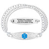 A silver medical alert bracelet with three interwoven chains of varying textures. The bracelet features two central tags: an upper rectangular tag engraved with "DIABETES/INSULIN," "BLOOD THINNER," and an emergency contact number "ICE: (619) 866-4768," and a lower decorative tag with a textured background, a raised leaf pattern, and a bright blue Star of Life medical symbol. The bracelet is displayed against a plain white background, showcasing its design and functionality.