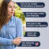 An advertisement featuring a woman wearing a silver medical ID bracelet with an oval plate displaying a red medical alert symbol. She is dressed in a light blue denim shirt and is outdoors with a blurred green foliage background. The right side of the image lists product features in white text on dark blue rounded rectangles: "EASY SLIP-ON, ELEGANT CUSTOM MEDICAL ID BRACELETS," "DEEP AND HIGHLY VISIBLE LASER ENGRAVING," "HIGH QUALITY AND RIGOROUS CRAFTSMANSHIP," "QUICK 1 DAY PROCESSING," and "FREE ENGRAVING MADE IN USA" with a heart-shaped American flag icon. The design emphasizes the bracelet's elegance, quality, and functionality. An advertisement featuring a woman wearing a silver medical ID bracelet with an oval plate displaying a red medical alert symbol. She is dressed in a light blue denim shirt and is outdoors with a blurred green foliage background. The right side of the image lists product features in white text on dark blue rounded rectangles: "EASY SLIP-ON, ELEGANT CUSTOM MEDICAL ID BRACELETS," "DEEP AND HIGHLY VISIBLE LASER ENGRAVING," "HIGH QUALITY AND RIGOROUS CRAFTSMANSHIP," "QUICK 1 DAY PROCESSING," and "FREE ENGRAVING MADE IN USA" with a heart-shaped American flag icon. The design emphasizes the bracelet's elegance, quality, and functionality.