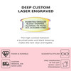 An advertisement for custom laser-engraved medical ID tags. The top section features the bold text "DEEP CUSTOM LASER ENGRAVED." In the center, a brushed metallic rectangular plate with iridescent rainbow edges is engraved with medical information: "DIABETES/INSULIN, BLOOD THINNER, ALLERGIC TO NUTS, ICE (619)866-4768." Below the plate, a caption highlights the high contrast between the brushed surface and black lettering for clear legibility. The bottom section, set against a pink background, lists features with icons: "TOUGH & DURABLE" with a flexing arm icon, "CUSTOM MEDICAL IDS SAVE LIVES" with an ambulance icon, "ELEGANT & STYLISH" with a bow tie icon, and "FREE ENGRAVING IN THE USA QUICK 1-DAY PROCESSING" with a laser engraving icon. The design emphasizes functionality, durability, and style. An advertisement for custom laser-engraved medical ID tags. The top section features the bold text "DEEP CUSTOM LASER ENGRAVED." In the center, a brushed metallic rectangular plate with iridescent rainbow edges is engraved with medical information: "DIABETES/INSULIN, BLOOD THINNER, ALLERGIC TO NUTS, ICE (619)866-4768." Below the plate, a caption highlights the high contrast between the brushed surface and black lettering for clear legibility. The bottom section, set against a pink background, lists features with icons: "TOUGH & DURABLE" with a flexing arm icon, "CUSTOM MEDICAL IDS SAVE LIVES" with an ambulance icon, "ELEGANT & STYLISH" with a bow tie icon, and "FREE ENGRAVING IN THE USA QUICK 1-DAY PROCESSING" with a laser engraving icon. The design emphasizes functionality, durability, and style.