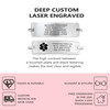 An advertisement showcasing custom laser-engraved medical ID tags. The top section features two rectangular silver-toned metal plates with black engraved text. The first plate lists 'BLOOD THINNER,' 'ICE CONTACT,' 'RICK JOHNSON,' and a phone number '(619)866-4768.' The second plate includes a red medical alert symbol and text: 'DIABETES/INSULIN,' 'ALGY: PENICILLIN,' 'NUTS, BEE STING,' and 'SEE OTHER SIDE.' Below, a caption highlights the high contrast between the brushed metal and black lettering for clarity. The bottom section, on a pink background, emphasizes features like 'TOUGH & DURABLE,' 'ELEGANT & STYLISH,' 'FREE ENGRAVING IN THE USA,' and 'QUICK 1-DAY PROCESSING,' with icons representing each feature.
