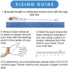 A sizing guide for a medical alert bracelet with four steps. The title "SIZING GUIDE" is displayed in a blue banner at the top. Step 1 shows a silver medical alert bracelet with "PENICILLIN ALLERGY" engraved, laid flat on a blue ruler marked in inches (0-7). Step 2 illustrates a hand with a yellow measuring tape wrapped around the wrist, demonstrating how to measure wrist size. Step 3 shows a white ruler with a red mark at 6.75 inches, indicating where to measure the wrist size. Step 4 explains adding a 0.5"-0.75" comfort gap to determine bracelet size, with a note that thicker chains may require a larger gap. The layout is clean and instructional, with clear visuals and text for each step.