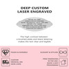 An advertisement for custom laser-engraved medical ID tags. The top section features the text "DEEP CUSTOM LASER ENGRAVED" above a silver, brushed metal plate engraved with "DIABETES/INSULIN, BLOOD THINNER, ALLERGIC TO NUTS, ICE: (619) 866-4768." Below the plate, text highlights the high contrast between the brushed surface and black lettering for clear readability. The bottom section, set against a pink background, showcases product benefits with icons: "TOUGH & DURABLE" with a flexing arm icon, "CUSTOM MEDICAL IDS SAVE LIVES" with an ambulance icon, "ELEGANT & STYLISH" with a bow tie icon, and "FREE ENGRAVING IN THE USA QUICK 1-DAY PROCESSING" with a star and laser engraving icon. The design emphasizes durability, style, and life-saving functionality.