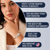 A promotional image for custom engraved medical ID bracelets. On the left, a woman wearing a light-colored blazer rests her chin on her hand, showcasing a silver and rose gold medical ID bracelet on her wrist. The bracelet features intricate designs and a central rose gold hexagon with a medical cross symbol. The right side of the image has a light gray background with five dark blue, rounded capsules listing product features: "PERFECT CUSTOM ENGRAVED MEDICAL ID BRACELETS," "DEEP AND HIGHLY VISIBLE LASER ENGRAVING," "HIGH QUALITY AND RIGOROUS CRAFTSMANSHIP," "QUICK 1 DAY PROCESSING," and "FREE ENGRAVING." At the bottom right, "MADE IN USA" is displayed alongside a heart-shaped American flag icon. The design highlights the bracelet's elegance, customization, and quality craftsmanship. A promotional image for custom engraved medical ID bracelets. On the left, a woman wearing a light-colored blazer rests her chin on her hand, showcasing a silver and rose gold medical ID bracelet on her wrist. The bracelet features intricate designs and a central rose gold hexagon with a medical cross symbol. The right side of the image has a light gray background with five dark blue, rounded capsules listing product features: "PERFECT CUSTOM ENGRAVED MEDICAL ID BRACELETS," "DEEP AND HIGHLY VISIBLE LASER ENGRAVING," "HIGH QUALITY AND RIGOROUS CRAFTSMANSHIP," "QUICK 1 DAY PROCESSING," and "FREE ENGRAVING." At the bottom right, "MADE IN USA" is displayed alongside a heart-shaped American flag icon. The design highlights the bracelet's elegance, customization, and quality craftsmanship.