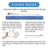 A sizing guide for a medical alert bracelet with four steps. The title "SIZING GUIDE" is displayed in a blue banner at the top. Step 1 shows a silver medical alert bracelet with "PENICILLIN ALLERGY" engraved, laid flat on a blue ruler marked in inches (0-7). Step 2 illustrates a hand with a yellow measuring tape wrapped around the wrist, demonstrating how to measure wrist size. Step 3 shows a white ruler with a red mark at 6.75 inches, indicating where to measure the wrist size. Step 4 explains adding a 0.5"-0.75" comfort gap to determine bracelet size, with a note that thicker chains may require a larger gap. The layout is clean and instructional, with clear visuals and text for each step. A sizing guide for a medical alert bracelet with four steps. The title "SIZING GUIDE" is displayed in a blue banner at the top. Step 1 shows a silver medical alert bracelet with "PENICILLIN ALLERGY" engraved, laid flat on a blue ruler marked in inches (0-7). Step 2 illustrates a hand with a yellow measuring tape wrapped around the wrist, demonstrating how to measure wrist size. Step 3 shows a white ruler with a red mark at 6.75 inches, indicating where to measure the wrist size. Step 4 explains adding a 0.5"-0.75" comfort gap to determine bracelet size, with a note that thicker chains may require a larger gap. The layout is clean and instructional, with clear visuals and text for each step.