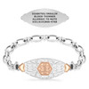 A silver medical alert bracelet with rose gold accents displayed on a white background. The bracelet features a central oval-shaped tag with a textured silver background and a rose gold hexagonal emblem in the center, showcasing the Star of Life symbol. The tag is flanked by small rose gold heart designs near the lobster clasps that connect the chain. The chain consists of polished, interlocked oval links. Above the bracelet, a flat view of the reverse side of the tag is shown, engraved with medical information: "DIABETES/INSULIN, BLOOD THINNER, ALLERGIC TO NUTS, ICE: (619) 866-4768." The design highlights both the functional and elegant aspects of the bracelet. A silver medical alert bracelet with rose gold accents displayed on a white background. The bracelet features a central oval-shaped tag with a textured silver background and a rose gold hexagonal emblem in the center, showcasing the Star of Life symbol. The tag is flanked by small rose gold heart designs near the lobster clasps that connect the chain. The chain consists of polished, interlocked oval links. Above the bracelet, a flat view of the reverse side of the tag is shown, engraved with medical information: "DIABETES/INSULIN, BLOOD THINNER, ALLERGIC TO NUTS, ICE: (619) 866-4768." The design highlights both the functional and elegant aspects of the bracelet.