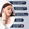A promotional image featuring a female model with long dark brown hair and fair skin, wearing a white blazer and a rose gold medical ID bracelet. The bracelet has a green marble-patterned plaque with a red medical caduceus symbol in the center. The model is positioned on the left, gently touching her temple with her right hand. On the right, five dark blue text boxes highlight product features: "Perfect Custom Engraved Medical ID Bracelets," "Deep and Highly Visible Laser Engraving," "High Quality and Rigorous Craftsmanship," "Quick 1 Day Processing," and "Free Engraving Made in USA," accompanied by a heart-shaped American flag icon. The background is light grey with a curved design separating the model and text. A promotional image featuring a female model with long dark brown hair and fair skin, wearing a white blazer and a rose gold medical ID bracelet. The bracelet has a green marble-patterned plaque with a red medical caduceus symbol in the center. The model is positioned on the left, gently touching her temple with her right hand. On the right, five dark blue text boxes highlight product features: "Perfect Custom Engraved Medical ID Bracelets," "Deep and Highly Visible Laser Engraving," "High Quality and Rigorous Craftsmanship," "Quick 1 Day Processing," and "Free Engraving Made in USA," accompanied by a heart-shaped American flag icon. The background is light grey with a curved design separating the model and text.