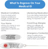 An infographic titled "What To Engrave On Your Medical ID" displayed on a white background. The header is in a blue, pill-shaped banner with white text. Below, two columns provide guidance on engraving essential information. The left column includes "Medical Conditions" and "Your Name," while the right column lists "Life-Saving Medication," "Food/Drug Allergies," and "Emergency Contact(s)." At the bottom, two metallic-grey medical ID tags are shown as examples. The top tag is engraved with "BLOOD THINNER, ICE CONTACT, RICK JOHNSON, (619)866-4768." The bottom tag features a red medical symbol and text: "DIABETES/INSULIN, ALGY: PENICILLIN, NUT, BEE STING, SEE OTHER SIDE." The design emphasizes the importance of clear, concise medical information for emergencies.
