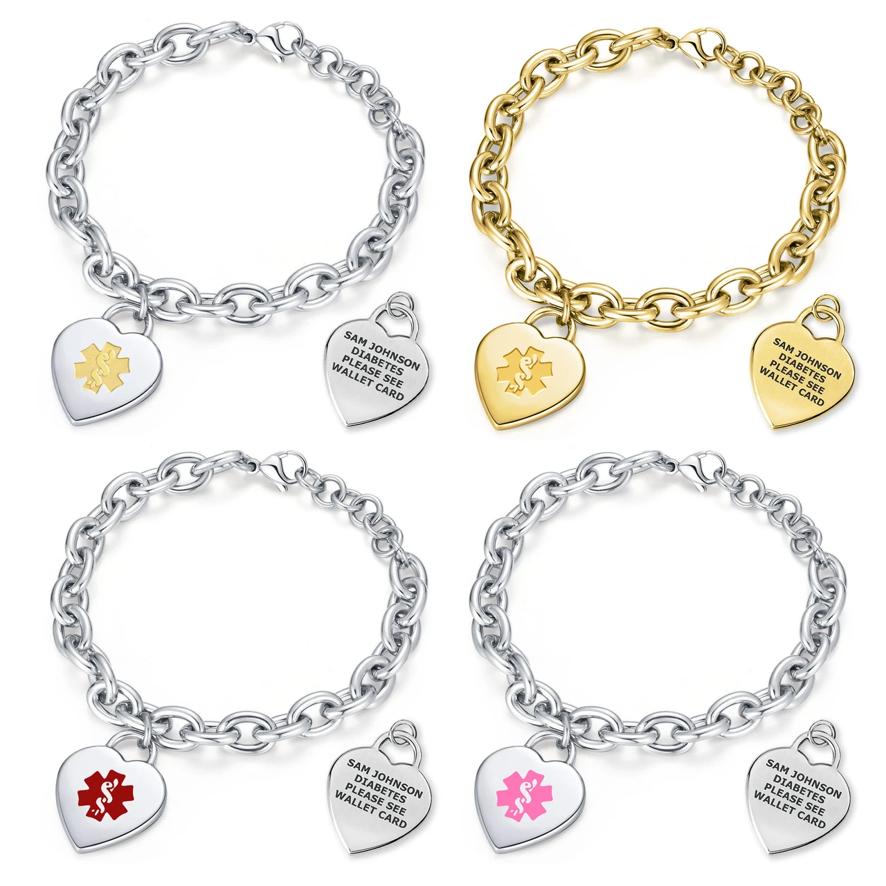 Adjustable heart charm curb chain medical ID bracelet