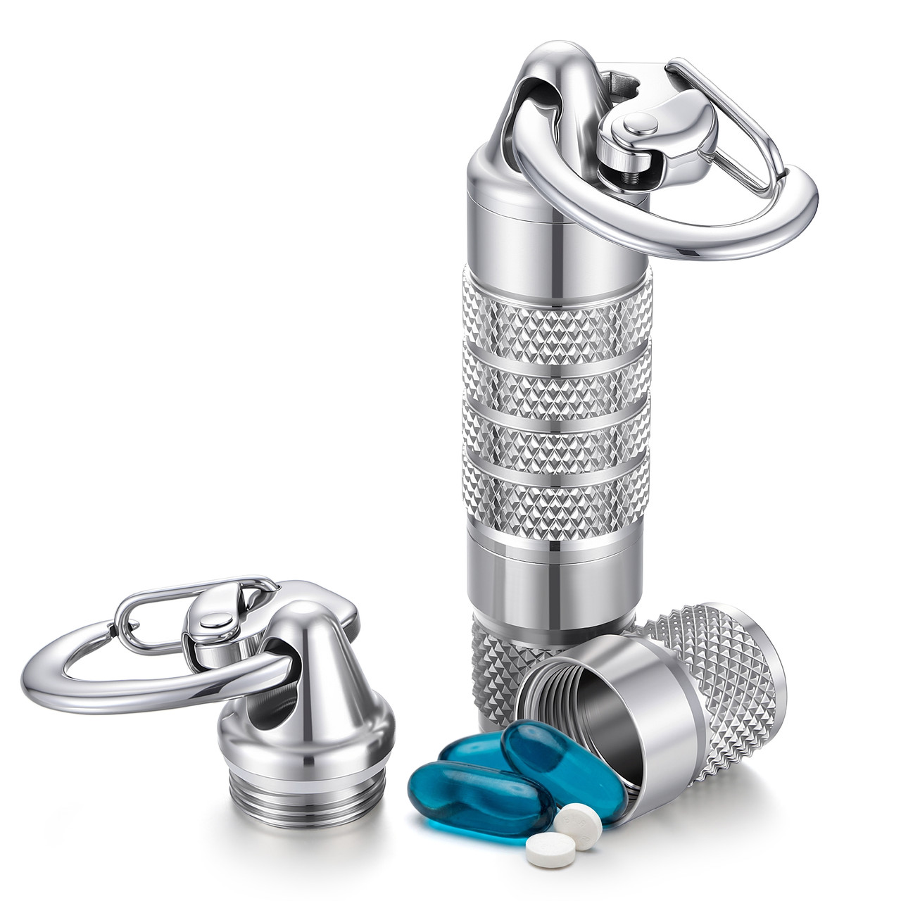 Waterproof stainless steel emergency pill fob keychain