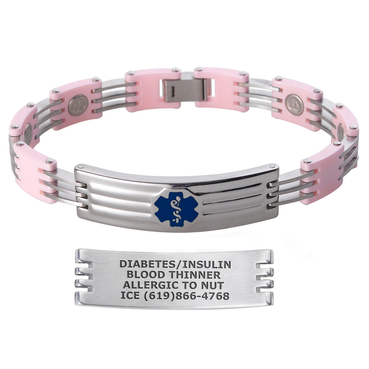Divoti Custom Engraved White Ceramic 316L Magnetic Medical Alert Bracelet for Men with Free Engraving Blue