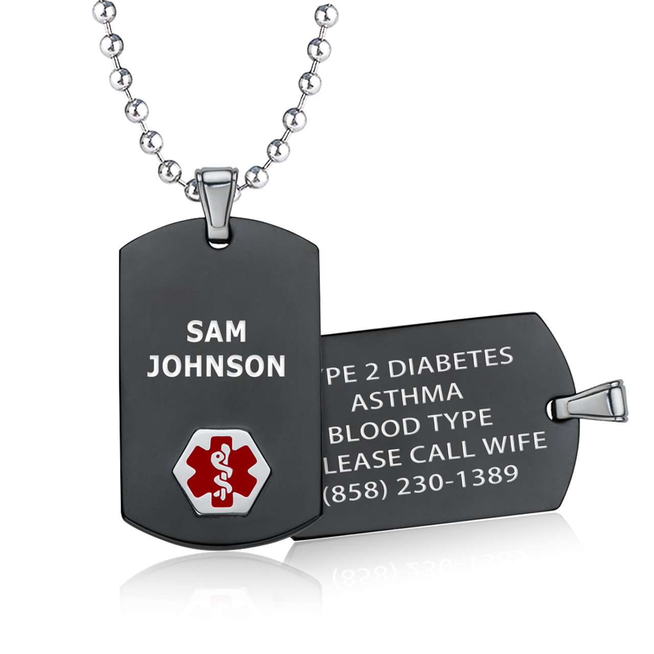 Medical ID - Chic Black and Silver Medical ID Dog Tag Necklace