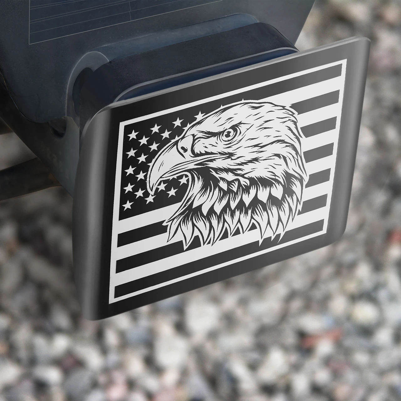 STEEL HAWK American flag eagle stainless steel hitch cover installed on a truck