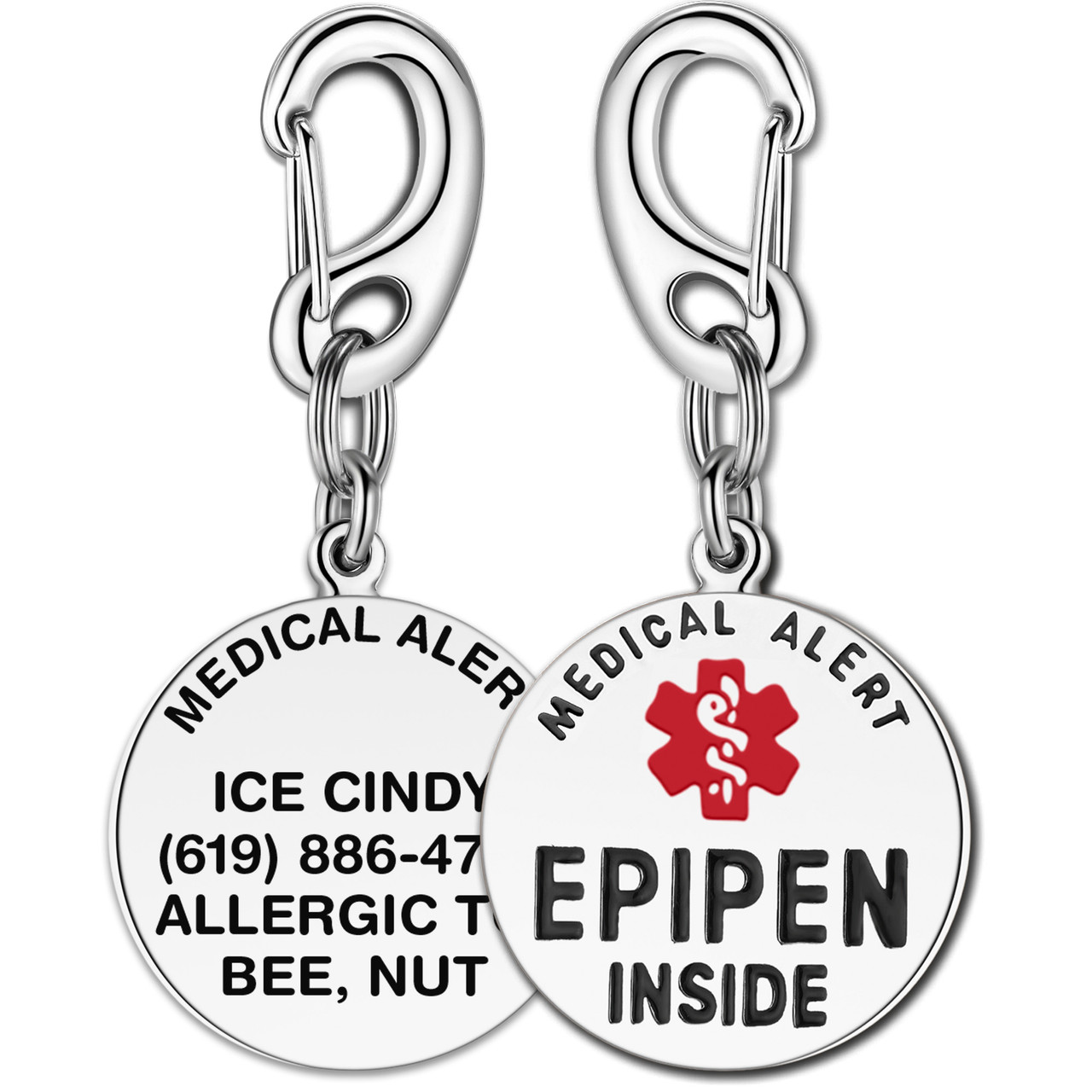 EpiPen Inside medical alert bag tag front, with the back custom engraved with an ICE number and allergies