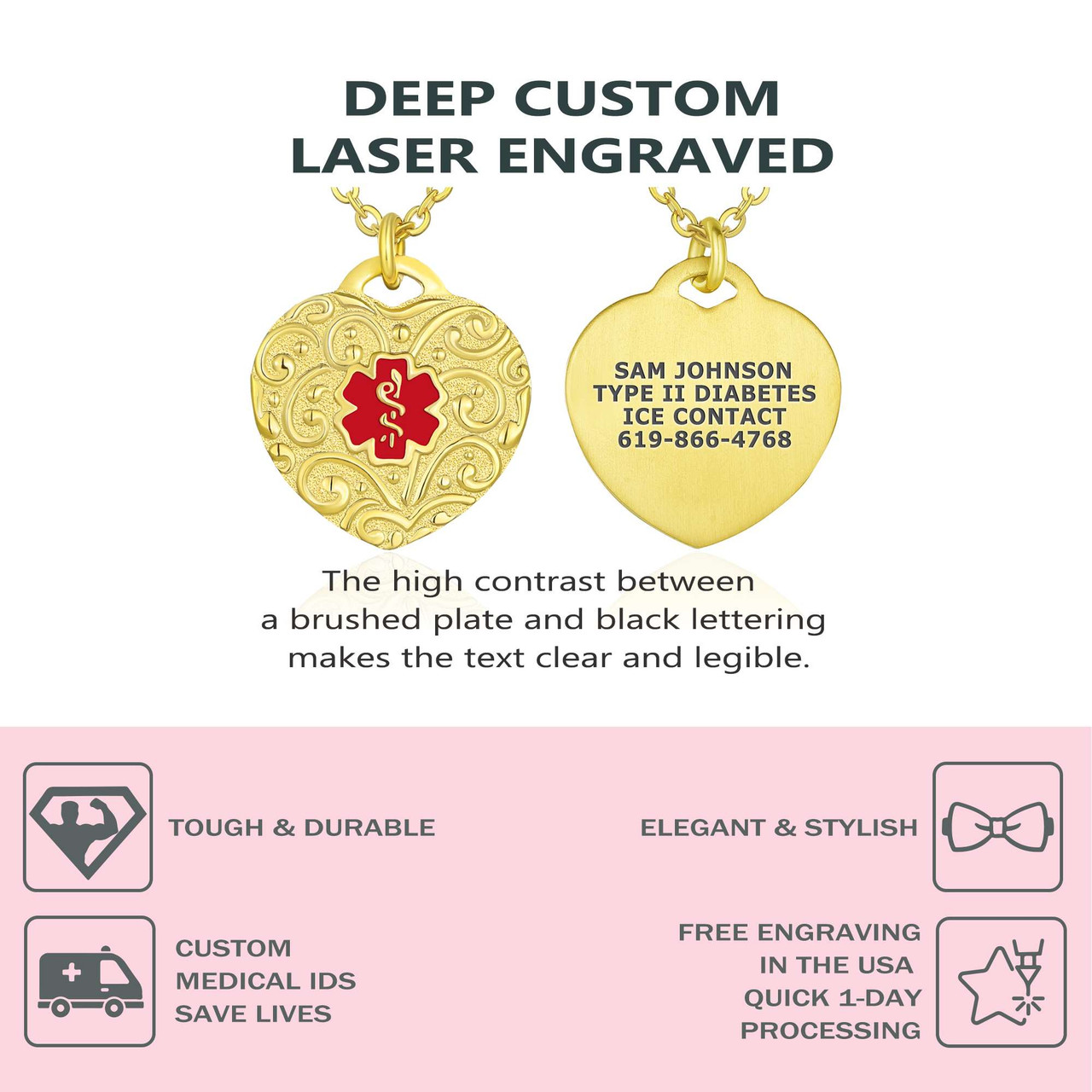 Medical ID Filigree Heart Medical ID Necklace with Cable Chain