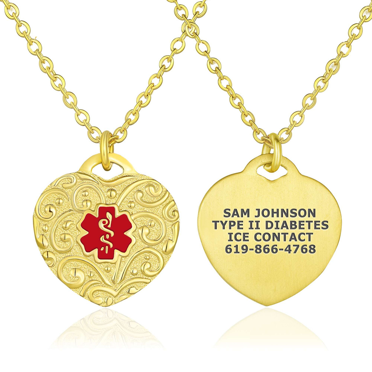Medical ID - Filigree Heart Medical ID Necklace with Cable Chain