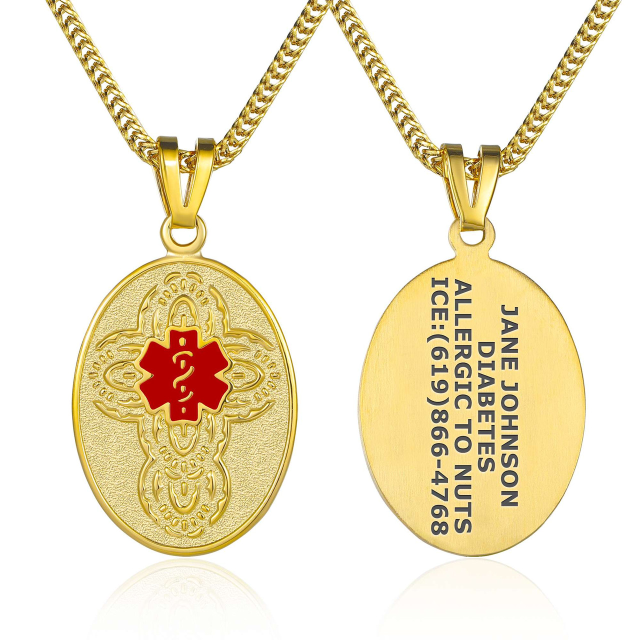 Medical ID - Vintage Cross Medical ID Necklace withh Foxtail Chain
