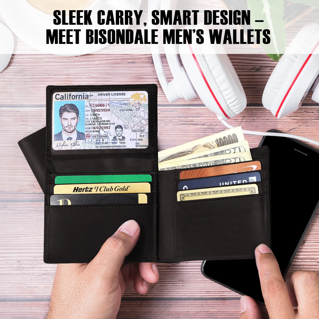 Open black BISONDALE bi-fold wallet showing an ID window and card slots